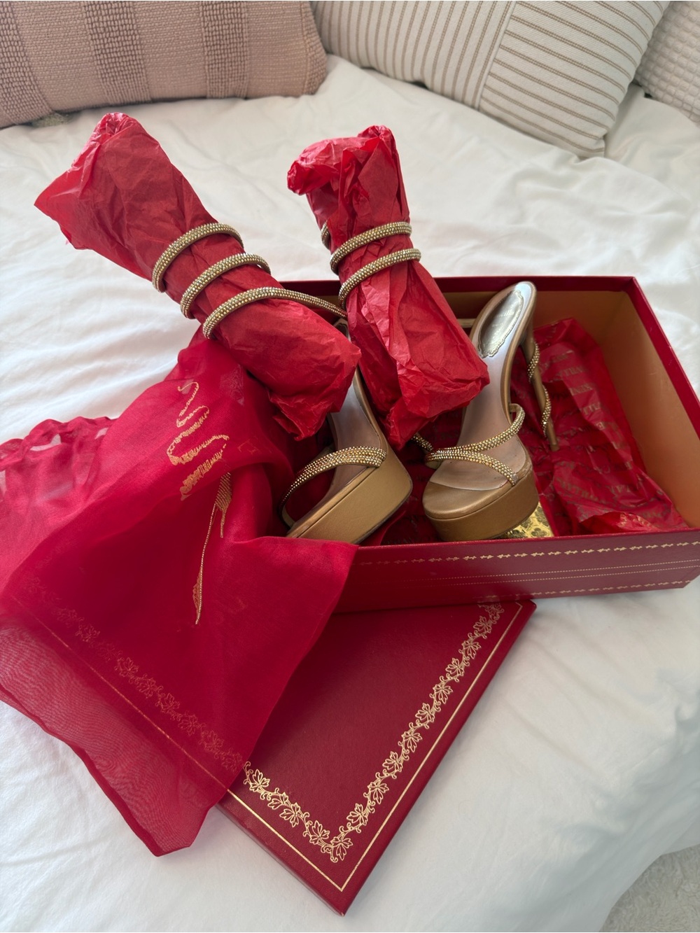 Rene Caovilla Gold Strappy Platform Heels - Women Shoes 6.5